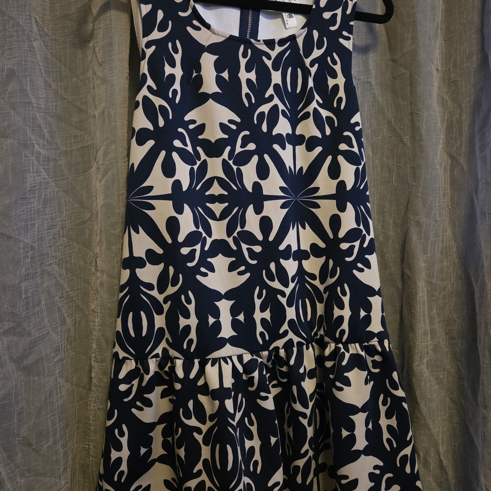 Pink Owl Sleeveless Navy & Cream Print Dress Size L Drop Waist